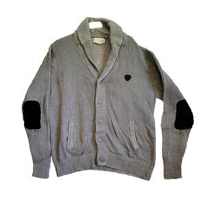 Parish Nation Sweater Cardigan Mens XXL Gray Shawl Collar Elbow Patches Preppy